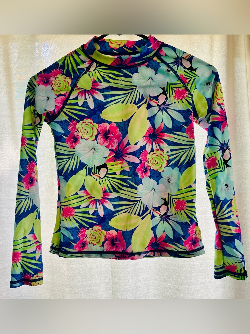 Bright Tropical Floral Long-Sleeve Sun/Swim/Rash Guard Top - size L (10-12)
